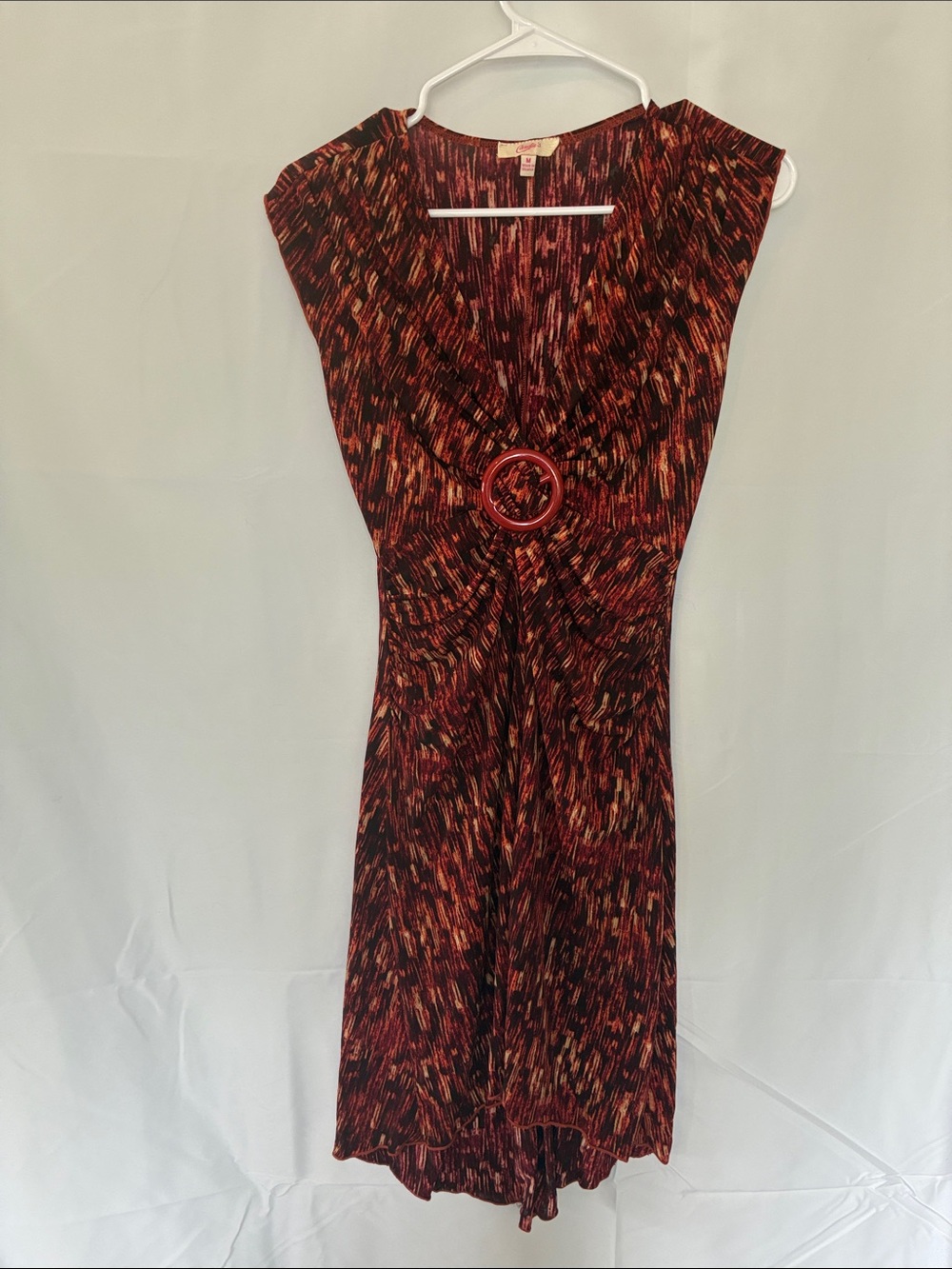 Candie's Black and Red Abstract V-Neck Midi Dress with Ring Detail